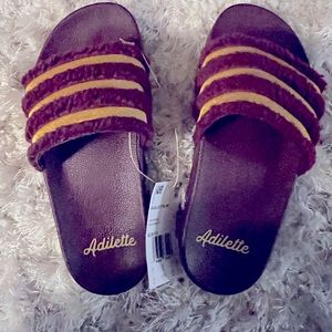 Women’s Adidas Adilette Teddy Slide Burgundy / Gold Size 6
